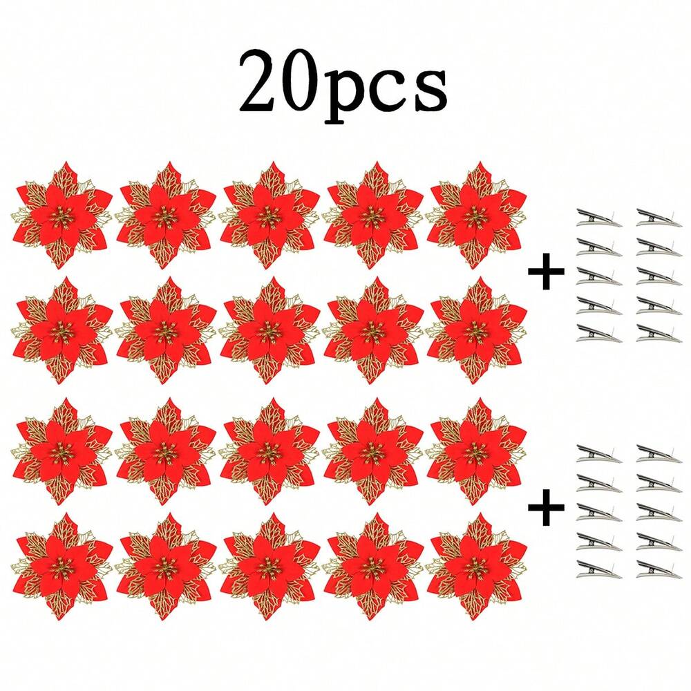 10pcs Glitter Poinsettia Ornaments with Clips & Stems, Sparkling Artificial Christmas Décor for Trees & Wreaths