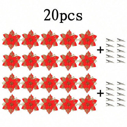 10pcs Glitter Poinsettia Ornaments with Clips & Stems, Sparkling Artificial Christmas Décor for Trees & Wreaths