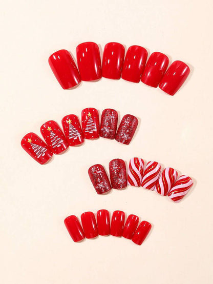 24pcs Short Square Champagne Glitter Christmas Press On Nails, Snowflake Full Cover Holiday False Nails For Women Nail Art Supplies