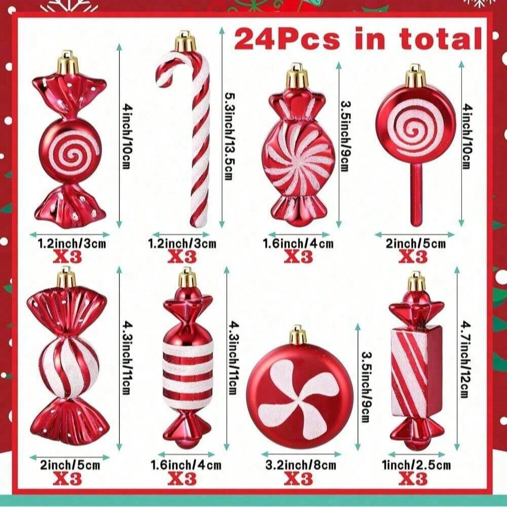 14/24pcs Red Candy Cane Ball Ornaments, Shatterproof Christmas Tree Hanging Decorations, Perfect for Holiday Home Decor and Gift Ideas
