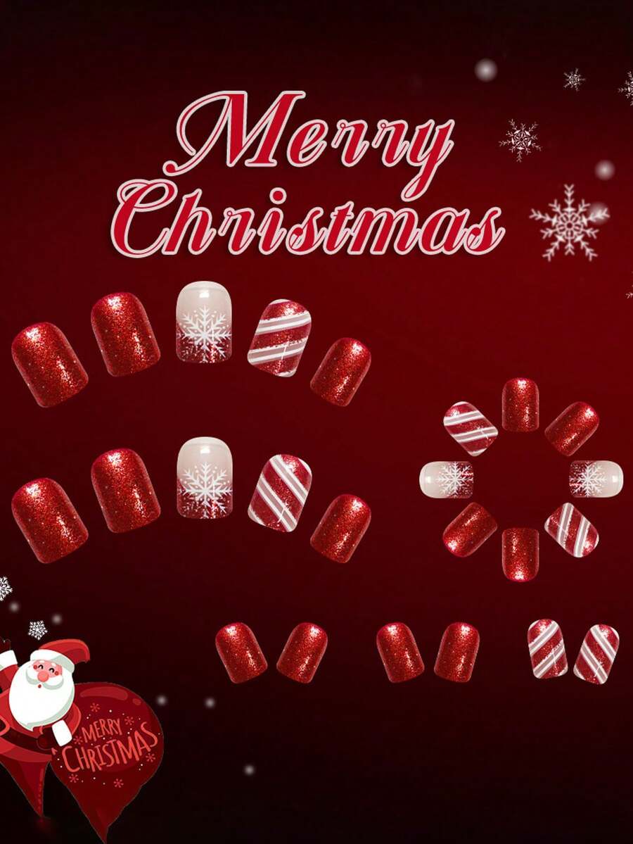 24pcs Short Square Christmas Press On Nails, Cute Snowman And Red Glitter French Tips, Jelly Gel & File Included, Holiday Nail Set For Women