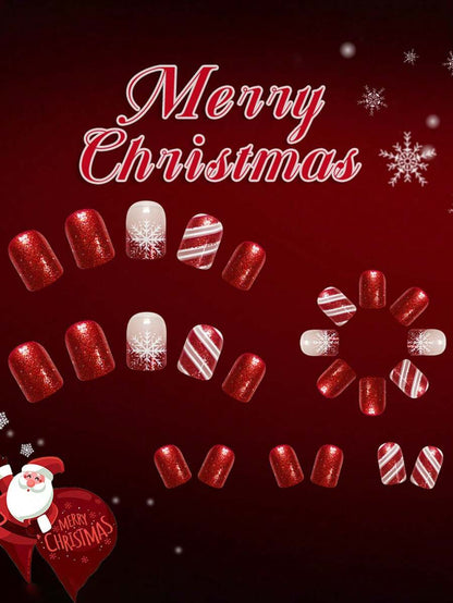 24pcs Short Square Christmas Press On Nails, Cute Snowman And Red Glitter French Tips, Jelly Gel & File Included, Holiday Nail Set For Women