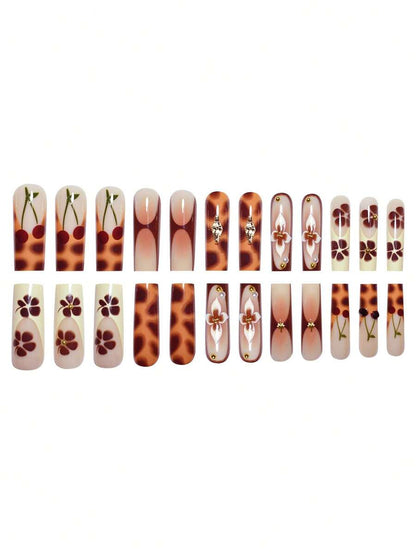 24pcs Soft French Press On Nails, Black And Red Plum Blossom Pattern, Romantic Dark Style Nail Set With File For Women Daily Wear