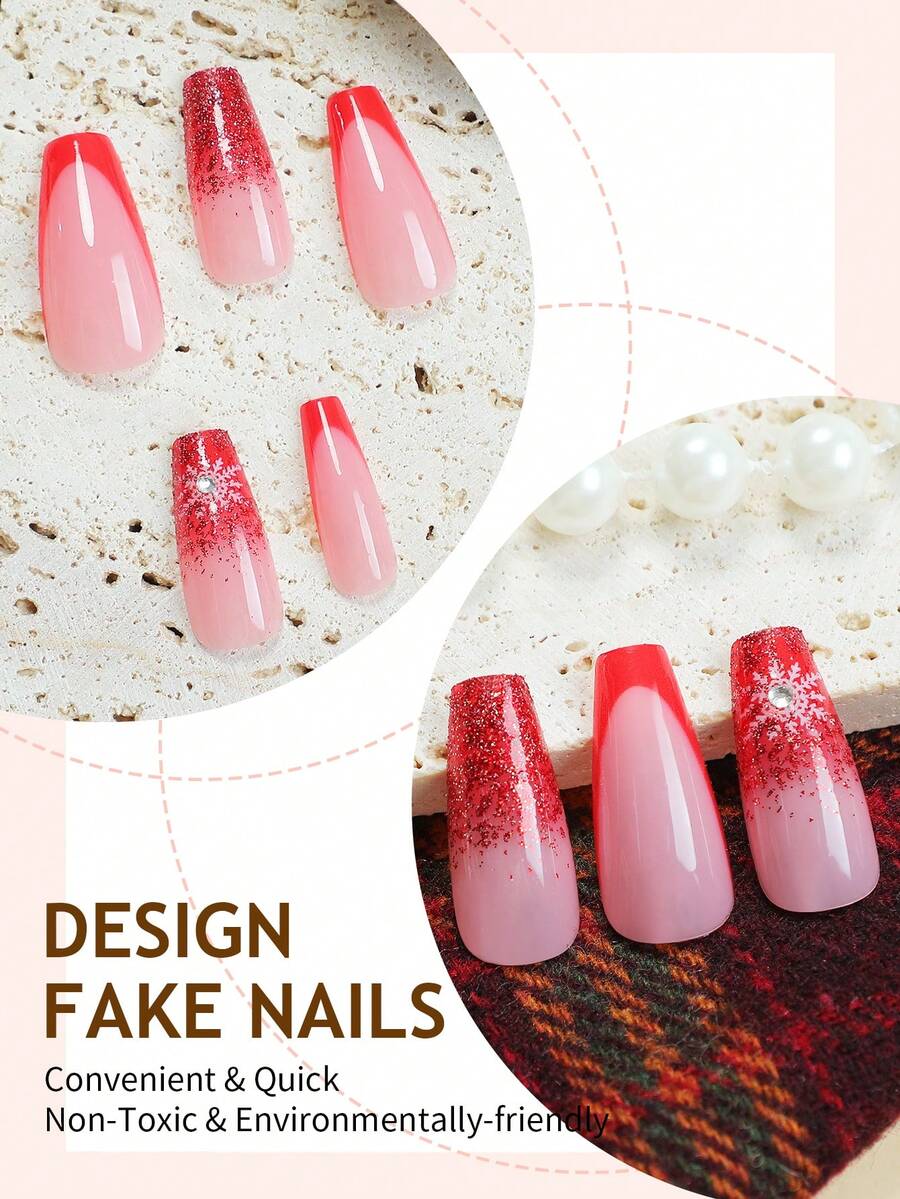 24pcs Long Coffin Christmas Press On Nails, White Elk And Snowflake Design With Gold Glitter, Elegant Glossy Nail Set For Women Daily Use