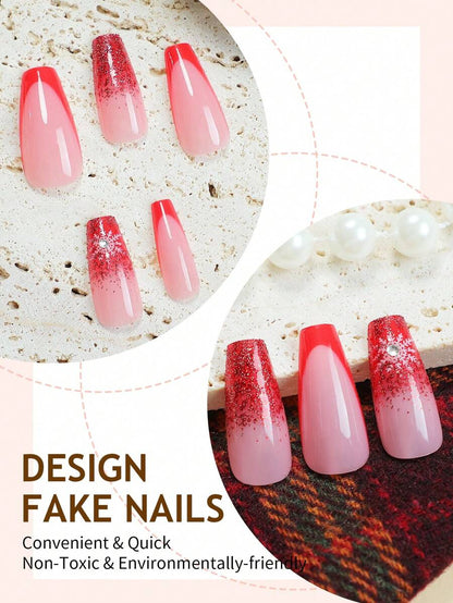 24pcs Long Coffin Christmas Press On Nails, White Elk And Snowflake Design With Gold Glitter, Elegant Glossy Nail Set For Women Daily Use