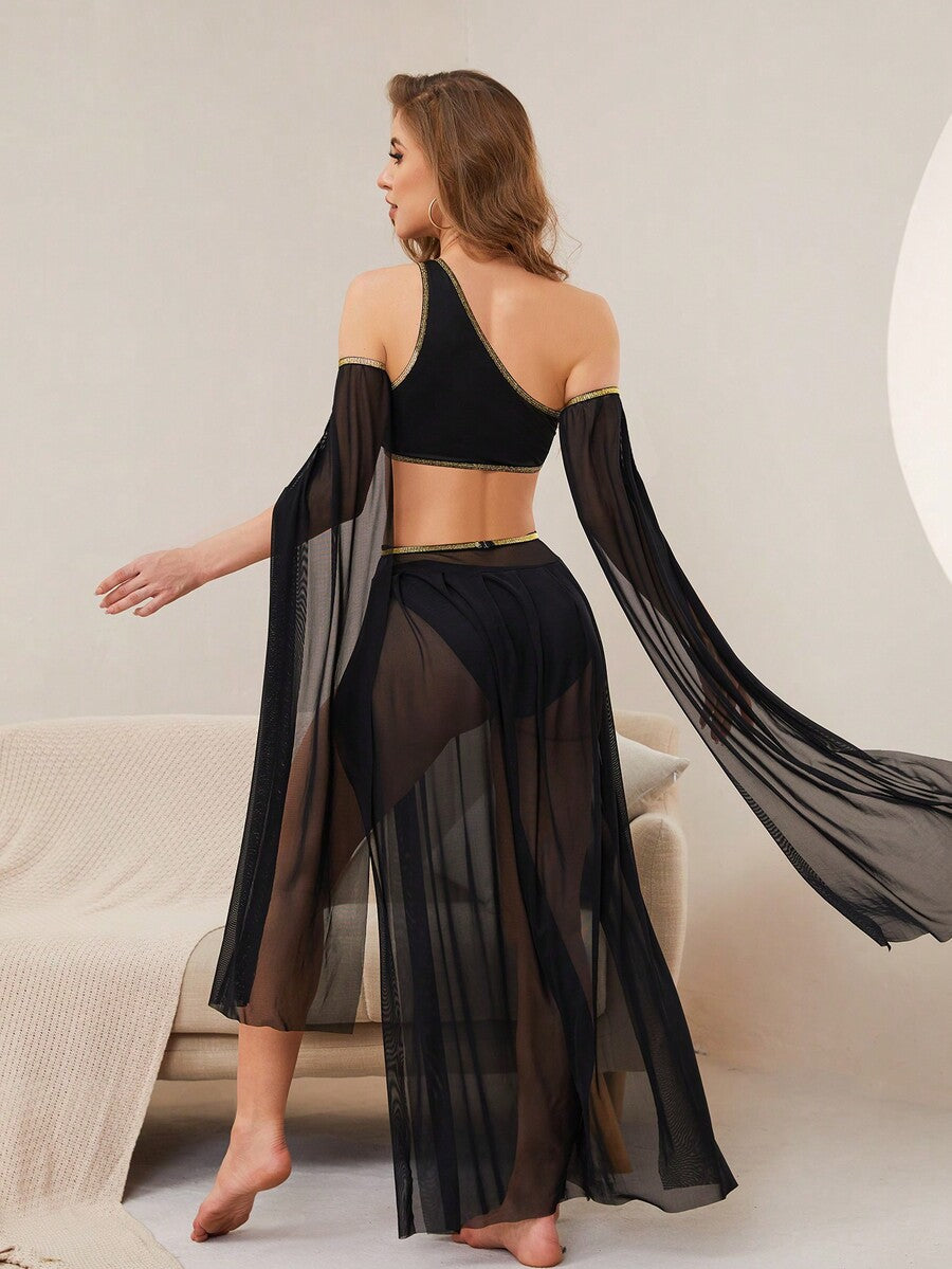 Black colorblock mesh performance costume set featuring an asymmetrical neck, belted waist, contrast mesh details, and adjustable straps.