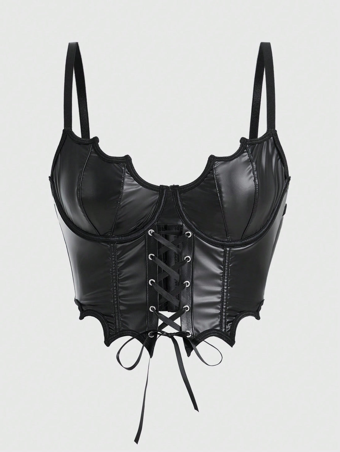 Women's black Goth bat edge corset crop top featuring underwire longline bra design, lace-up details, and adjustable spaghetti straps.