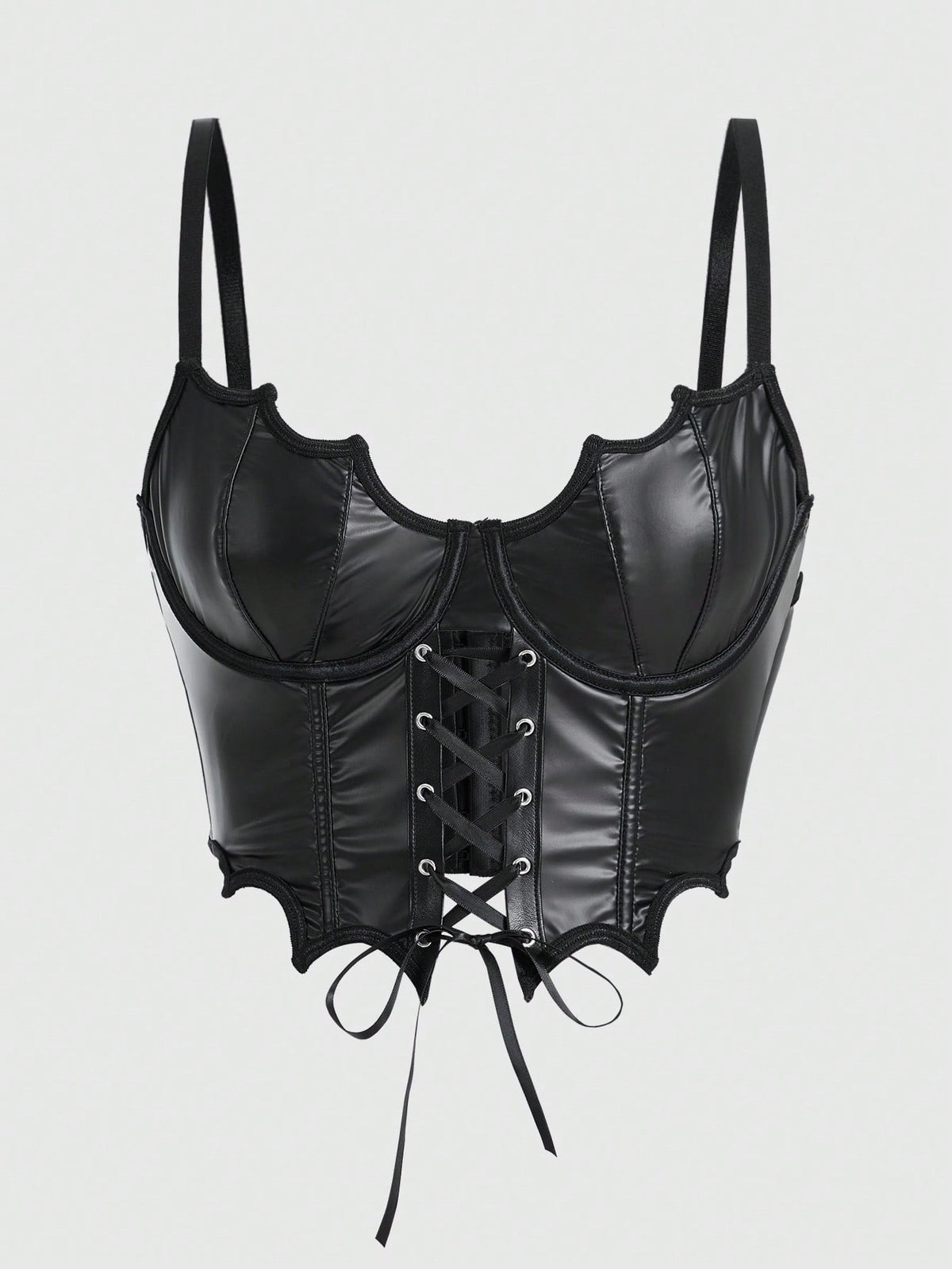 Women's black Goth bat edge corset crop top featuring underwire longline bra design, lace-up details, and adjustable spaghetti straps.