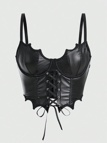 Women's black Goth bat edge corset crop top featuring underwire longline bra design, lace-up details, and adjustable spaghetti straps.