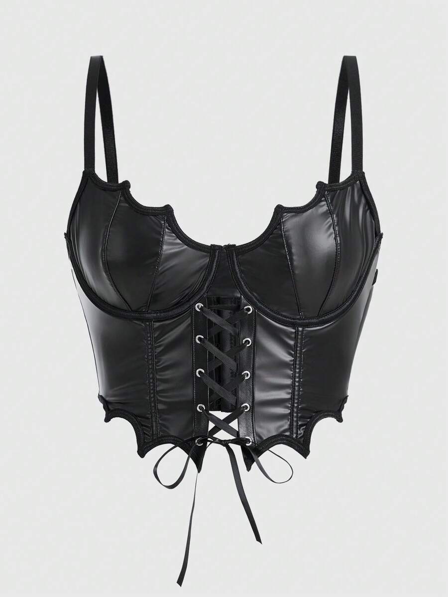 Women's black Goth bat edge corset crop top featuring underwire longline bra design, lace-up details, and adjustable spaghetti straps.