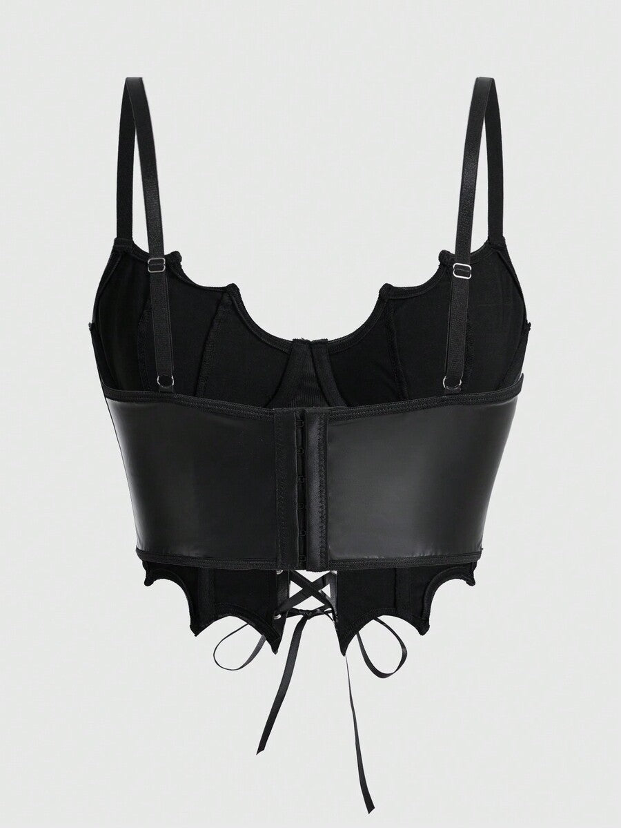 Women's black Goth bat edge corset crop top featuring underwire longline bra design, lace-up details, and adjustable spaghetti straps.