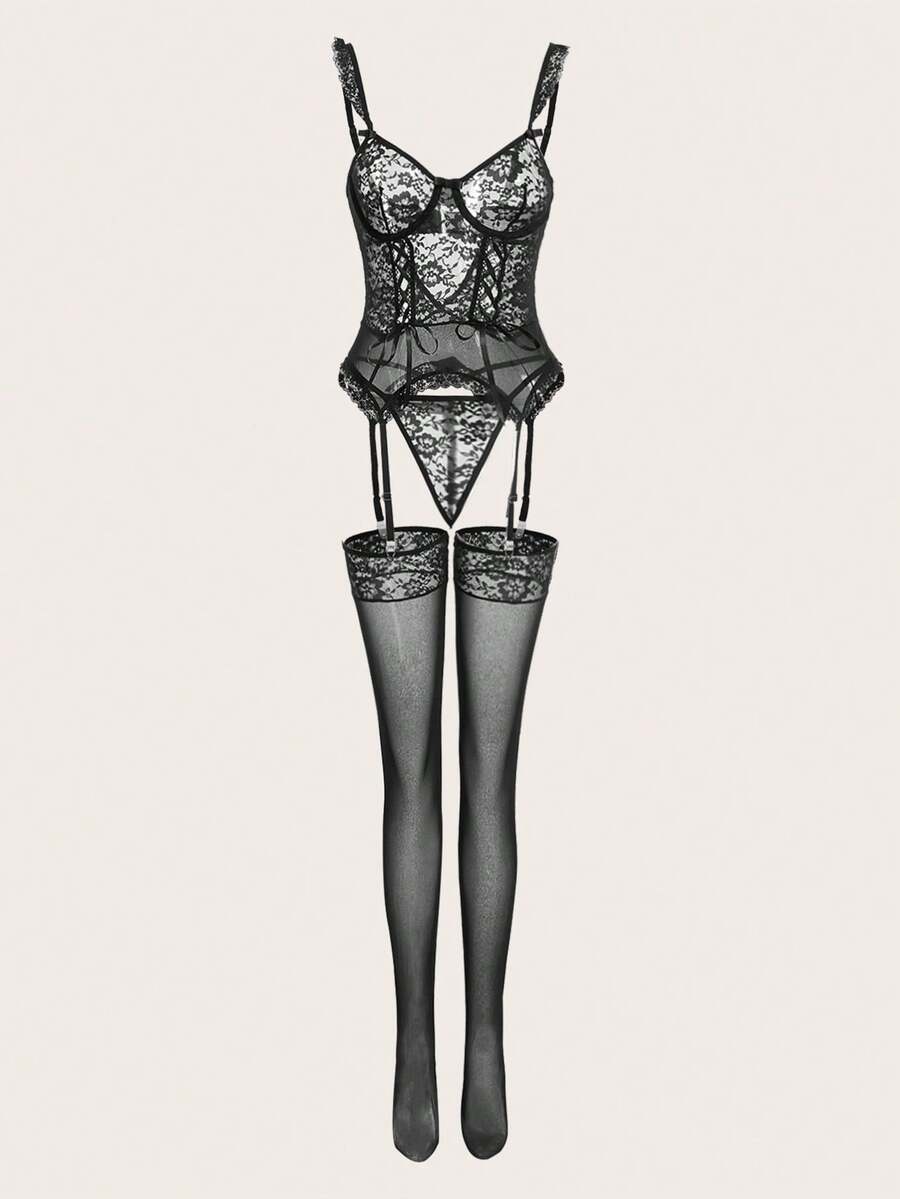 Women's 4-piece floral lace underwire garter corset lingerie set with adjustable straps, sheer mesh detail, low-rise V-string panty, and matching stockings.