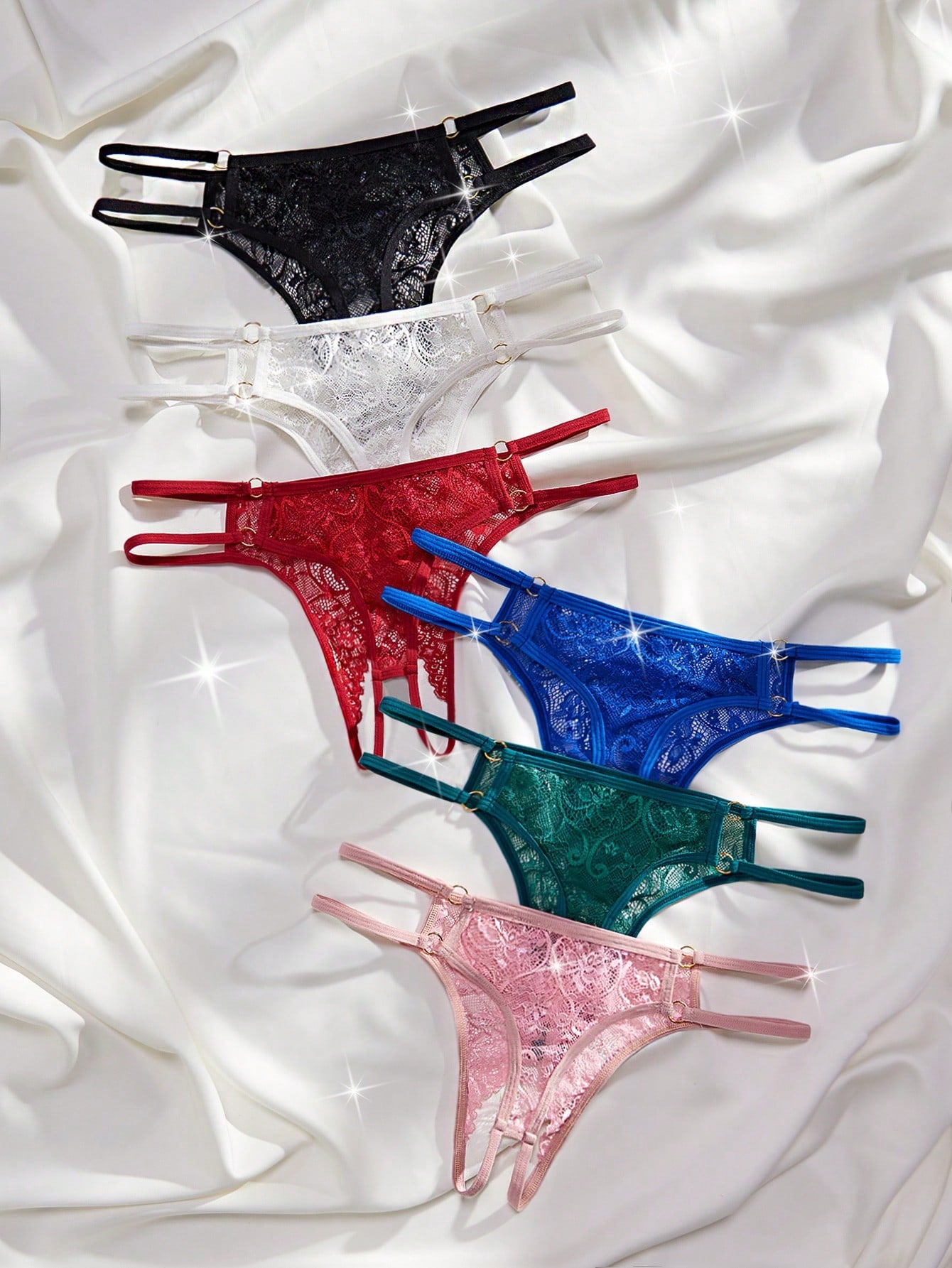 6-piece women's crotchless thong panties set in lace with low rise design and plain pattern