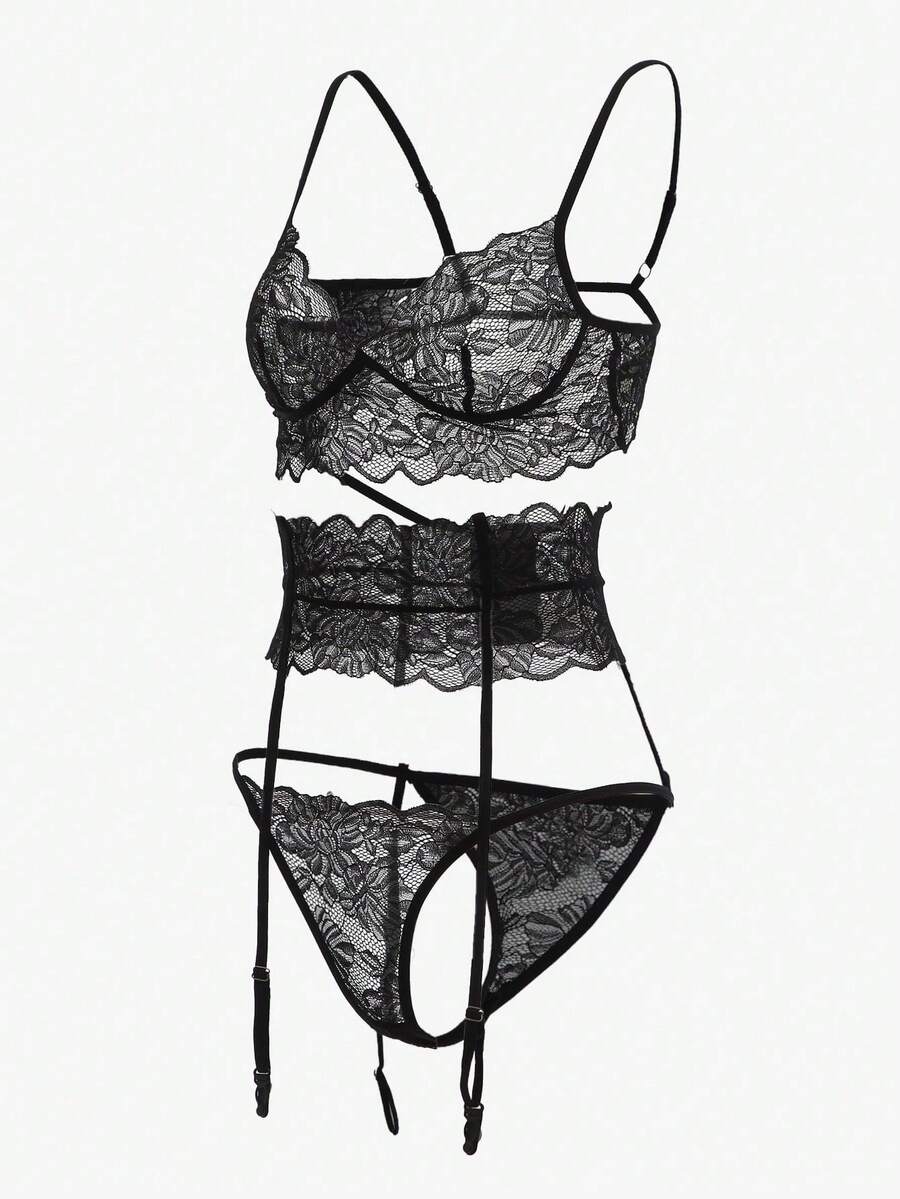 Black 3-piece floral contrast lace garter lingerie set featuring a sheer bralette with adjustable spaghetti straps and a low-rise thong.
