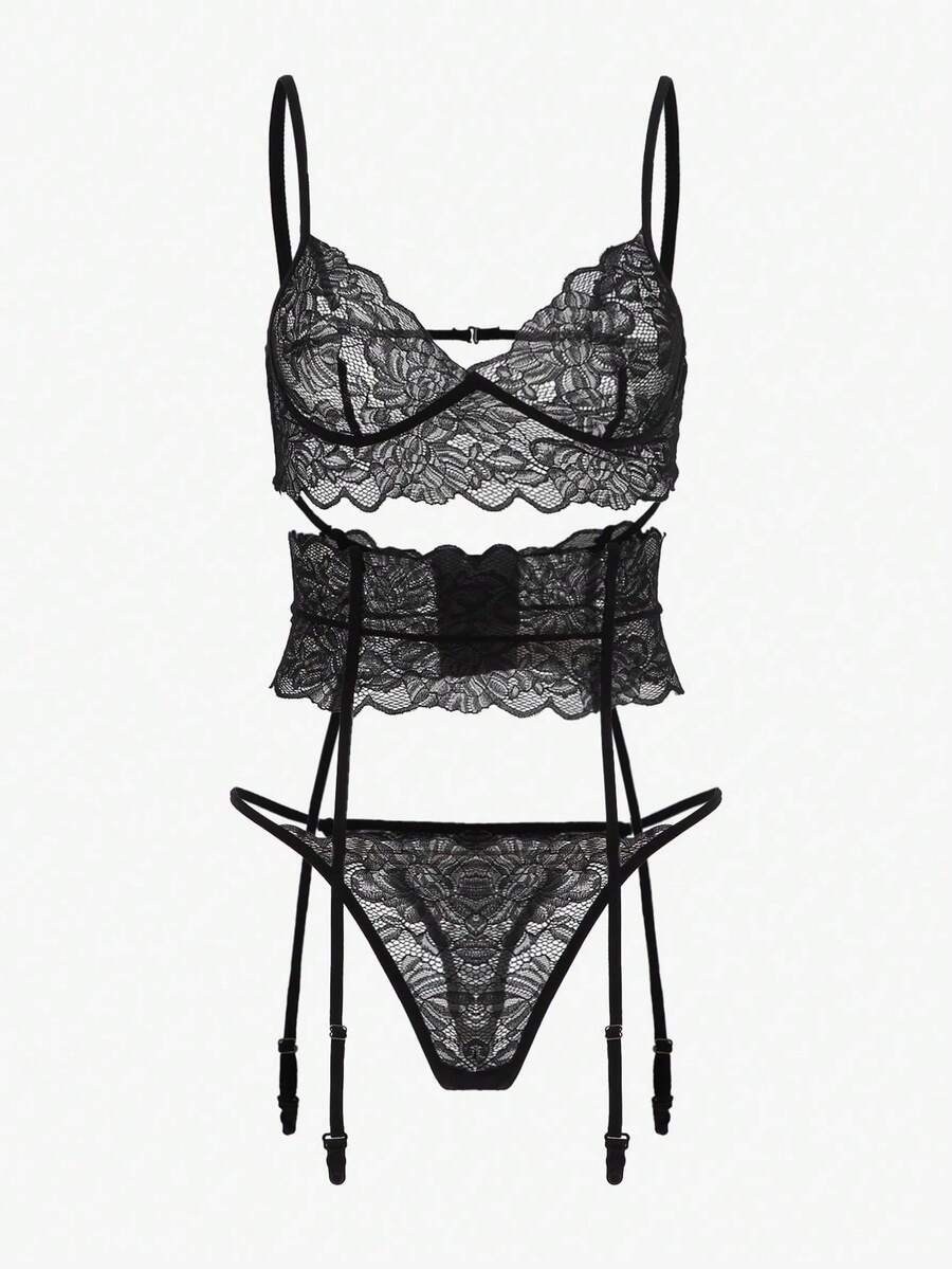 Black 3-piece floral contrast lace garter lingerie set featuring a sheer bralette with adjustable spaghetti straps and a low-rise thong.