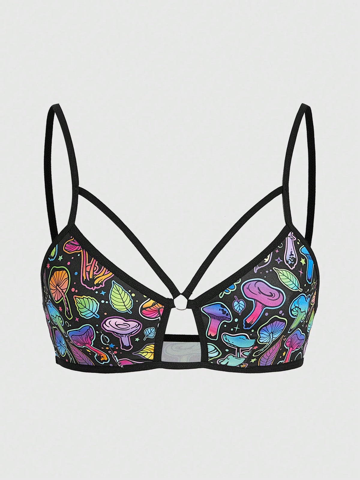 Multicolor fairycore Y2K wireless bralette featuring fantasy mushroom leaf print, appliques, cut out details, contrast binding, and non-adjustable straps.