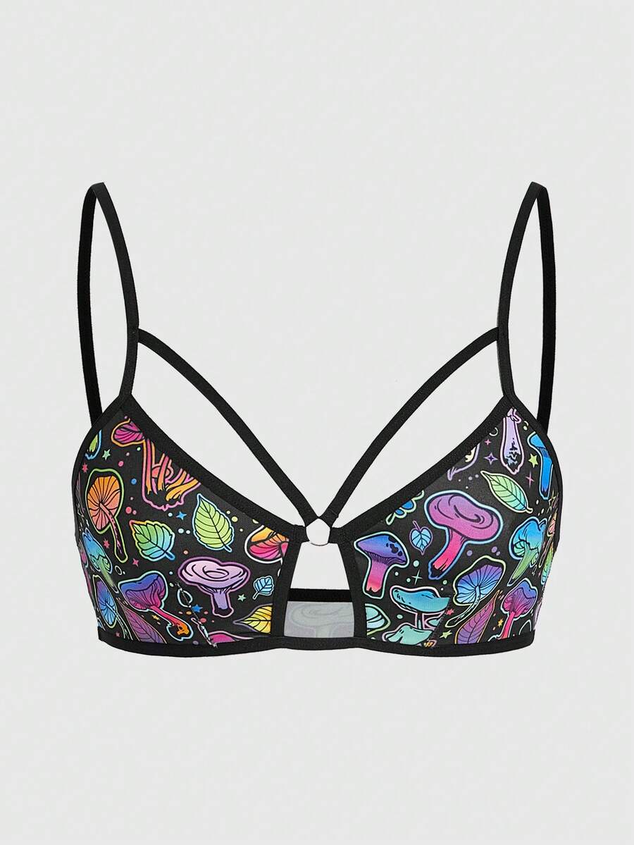 Multicolor fairycore Y2K wireless bralette featuring fantasy mushroom leaf print, appliques, cut out details, contrast binding, and non-adjustable straps.
