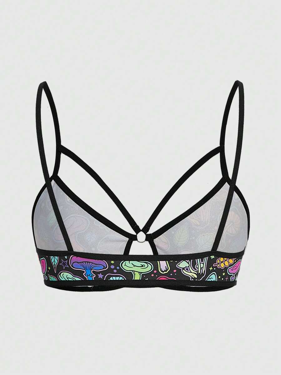 Multicolor fairycore Y2K wireless bralette featuring fantasy mushroom leaf print, appliques, cut out details, contrast binding, and non-adjustable straps.