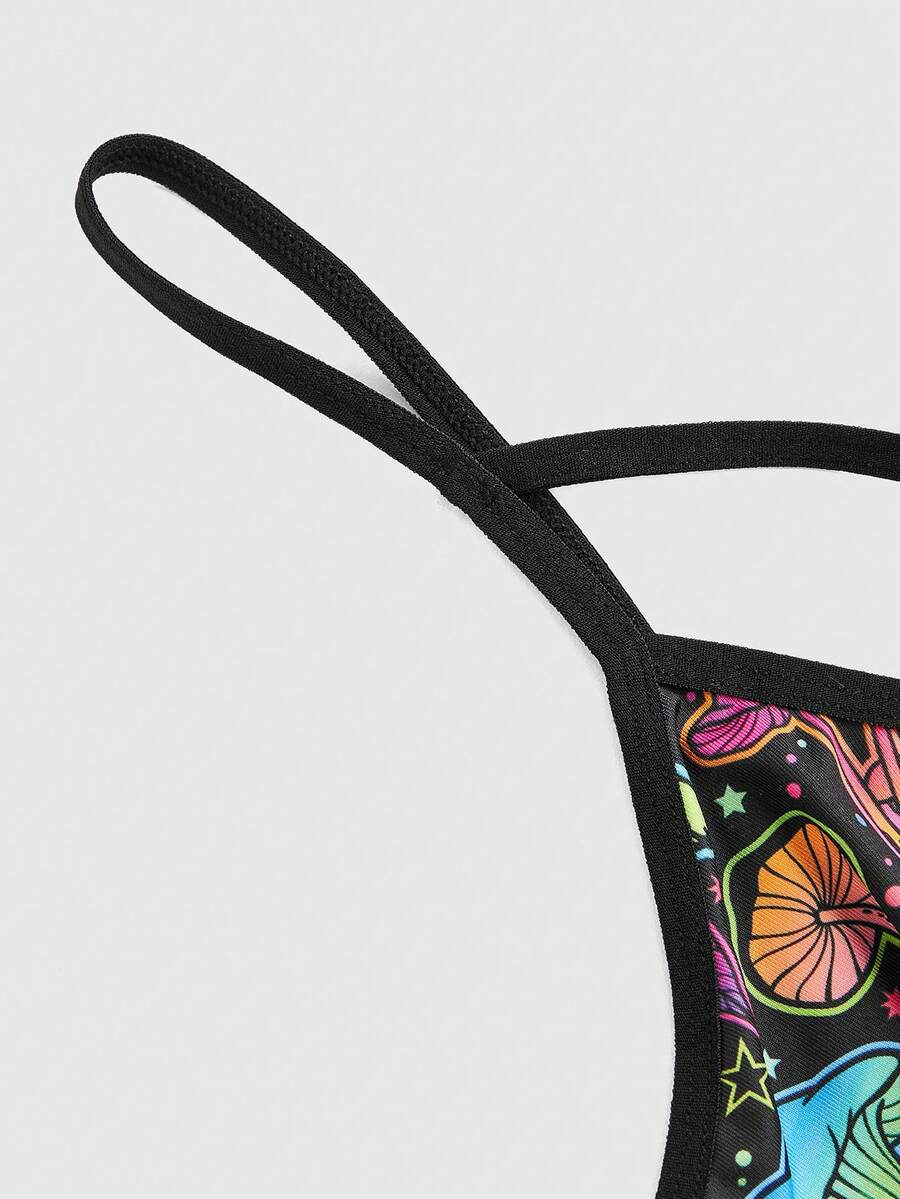 Multicolor fairycore Y2K wireless bralette featuring fantasy mushroom leaf print, appliques, cut out details, contrast binding, and non-adjustable straps.