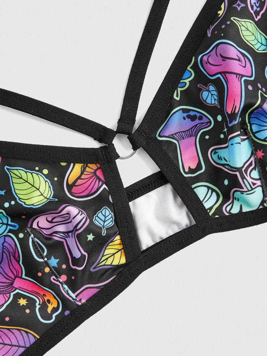 Multicolor fairycore Y2K wireless bralette featuring fantasy mushroom leaf print, appliques, cut out details, contrast binding, and non-adjustable straps.