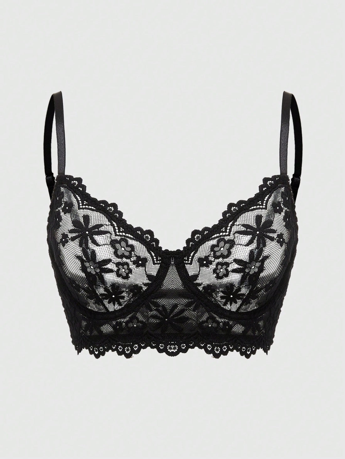 Front view of black Goth longline bra with contrast sheer lace, underwire, and adjustable straps