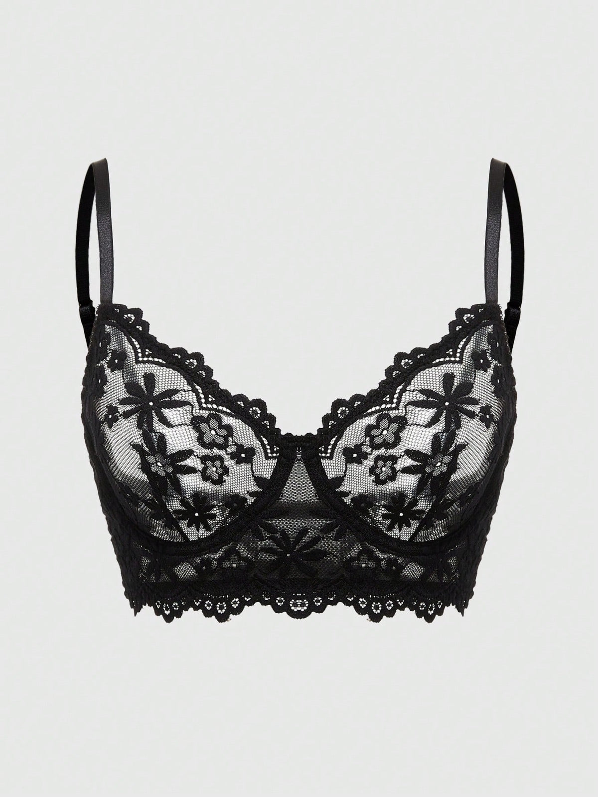 Front view of black Goth longline bra with contrast sheer lace, underwire, and adjustable straps