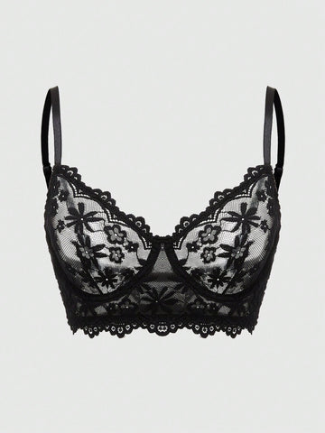 Front view of black Goth longline bra with contrast sheer lace, underwire, and adjustable straps