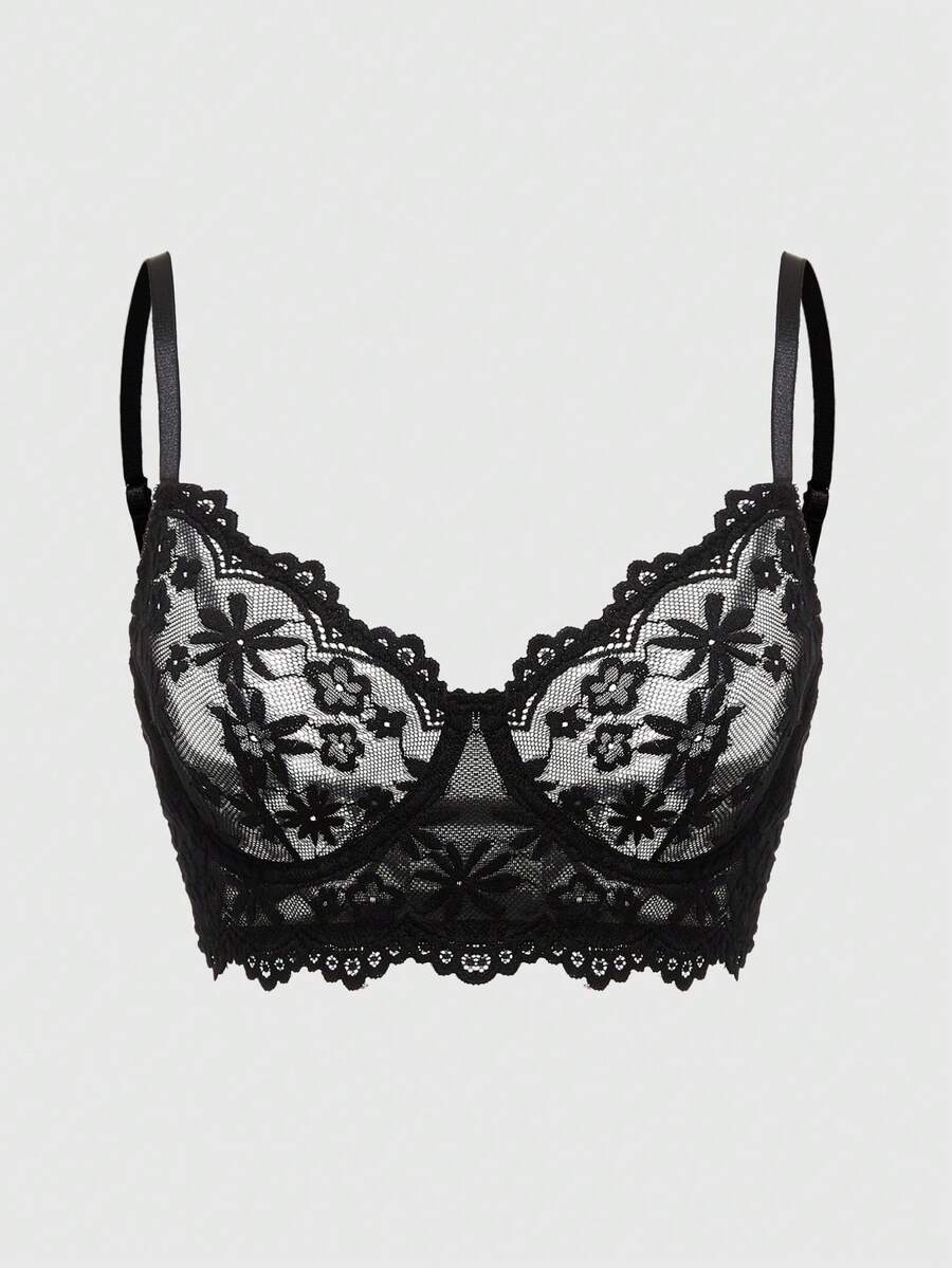 Front view of black Goth longline bra with contrast sheer lace, underwire, and adjustable straps