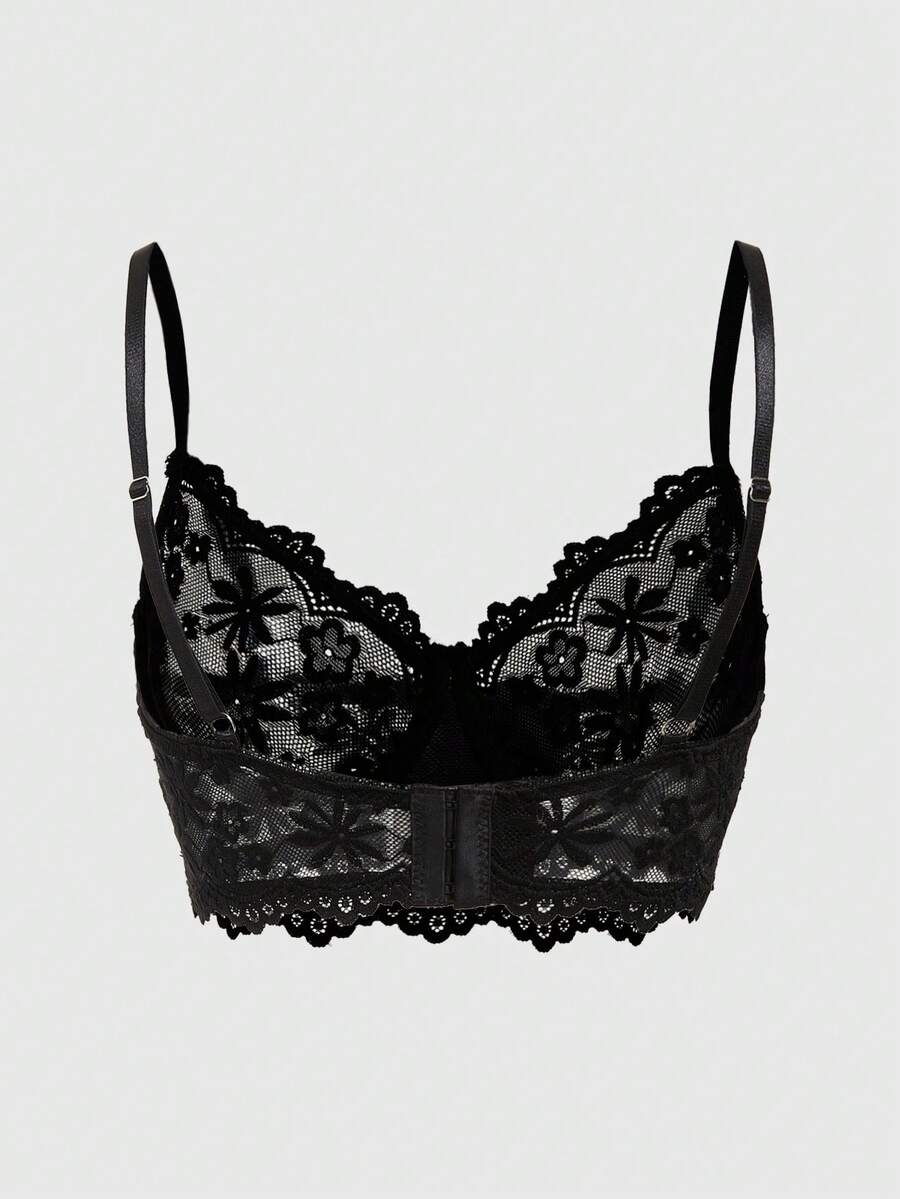 Front view of black Goth longline bra with contrast sheer lace, underwire, and adjustable straps