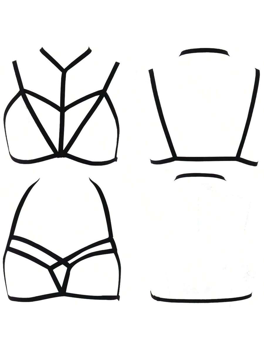 Black 4-piece gothic hollow out bra harness belt set for women featuring high stretch geometric rope detailing.