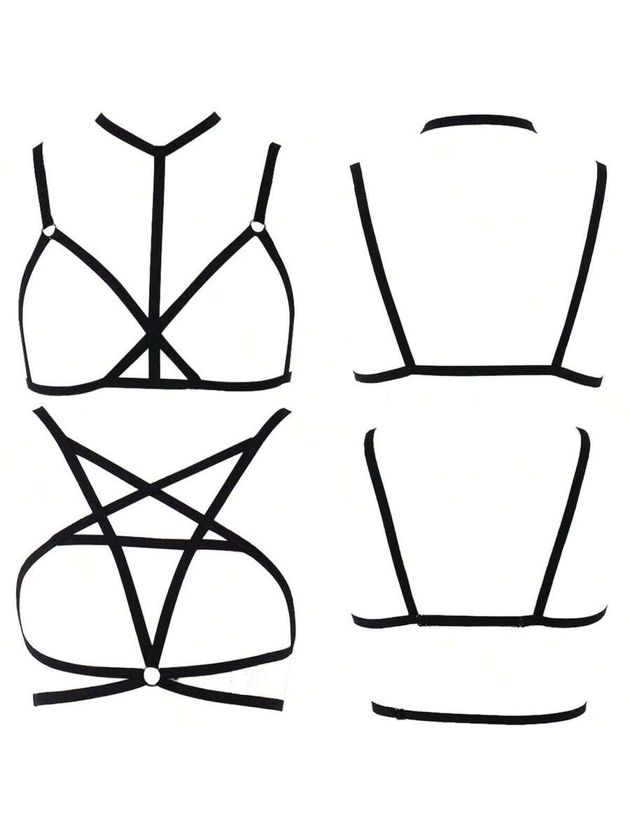 Black 4-piece gothic hollow out bra harness belt set for women featuring high stretch geometric rope detailing.