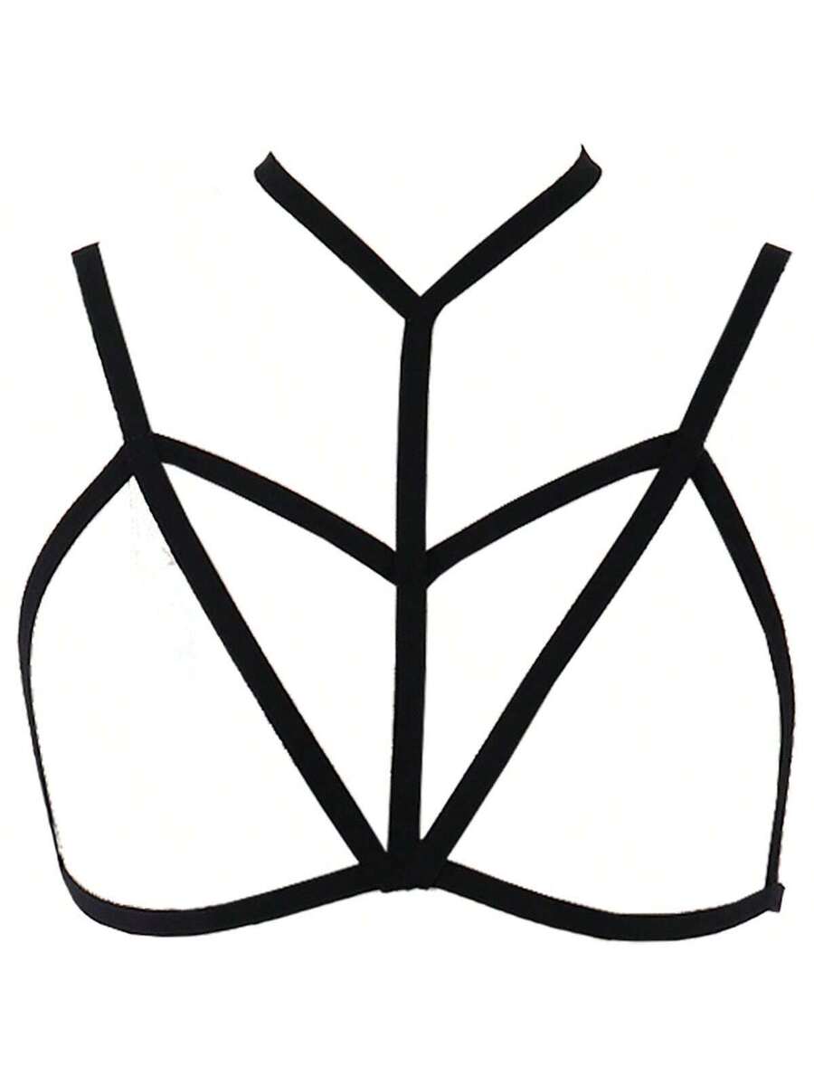 Black 4-piece gothic hollow out bra harness belt set for women featuring high stretch geometric rope detailing.
