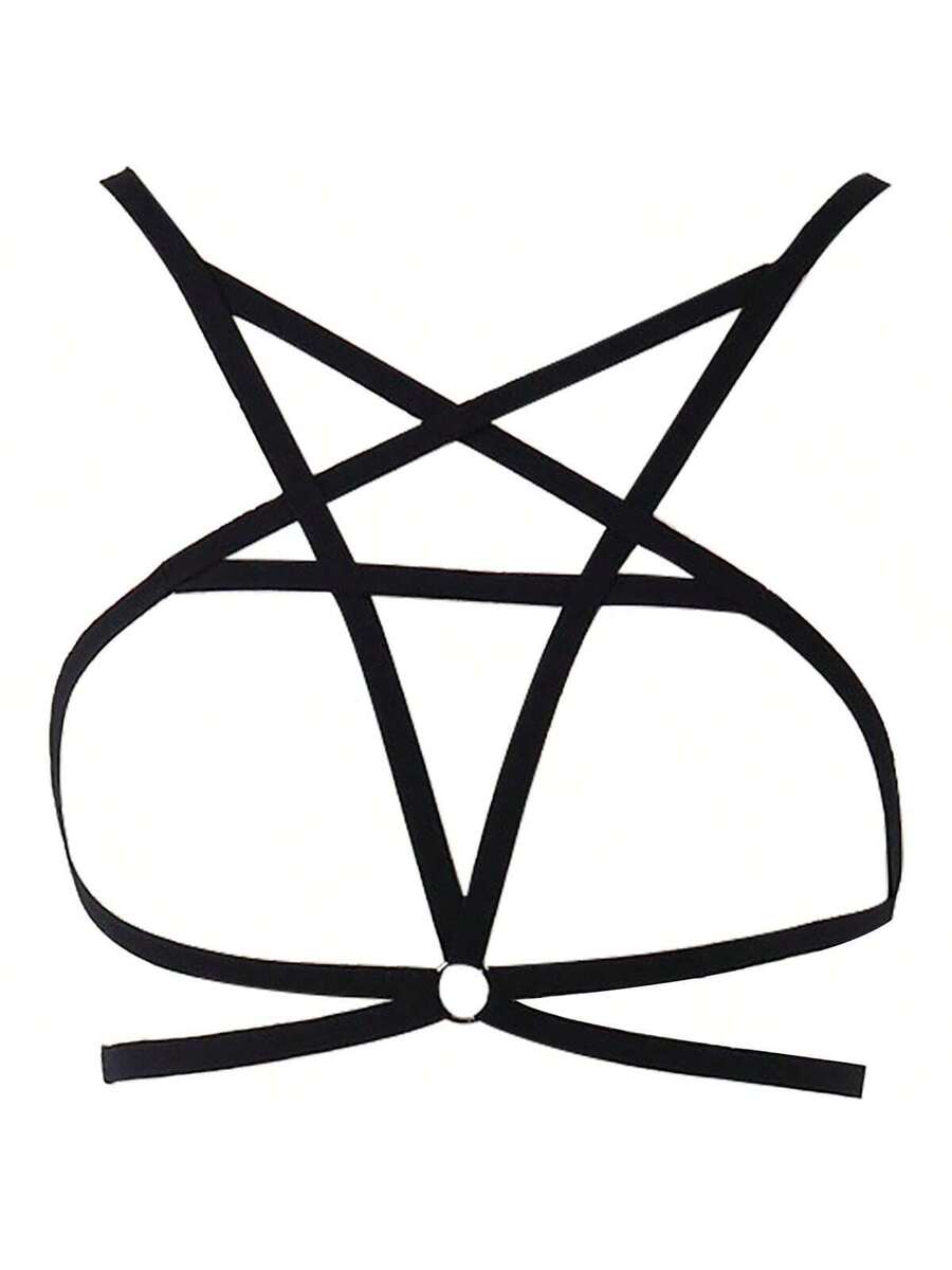 Black 4-piece gothic hollow out bra harness belt set for women featuring high stretch geometric rope detailing.