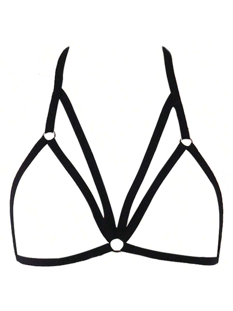 Black 4-piece gothic hollow out bra harness belt set for women featuring high stretch geometric rope detailing.