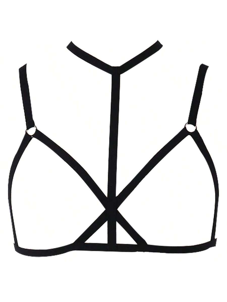 Black 4-piece gothic hollow out bra harness belt set for women featuring high stretch geometric rope detailing.
