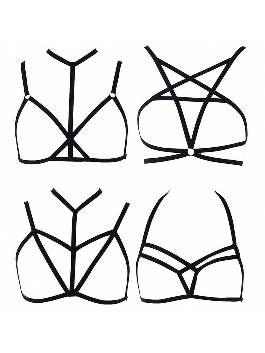 Black 4-piece gothic hollow out bra harness belt set for women featuring high stretch geometric rope detailing.