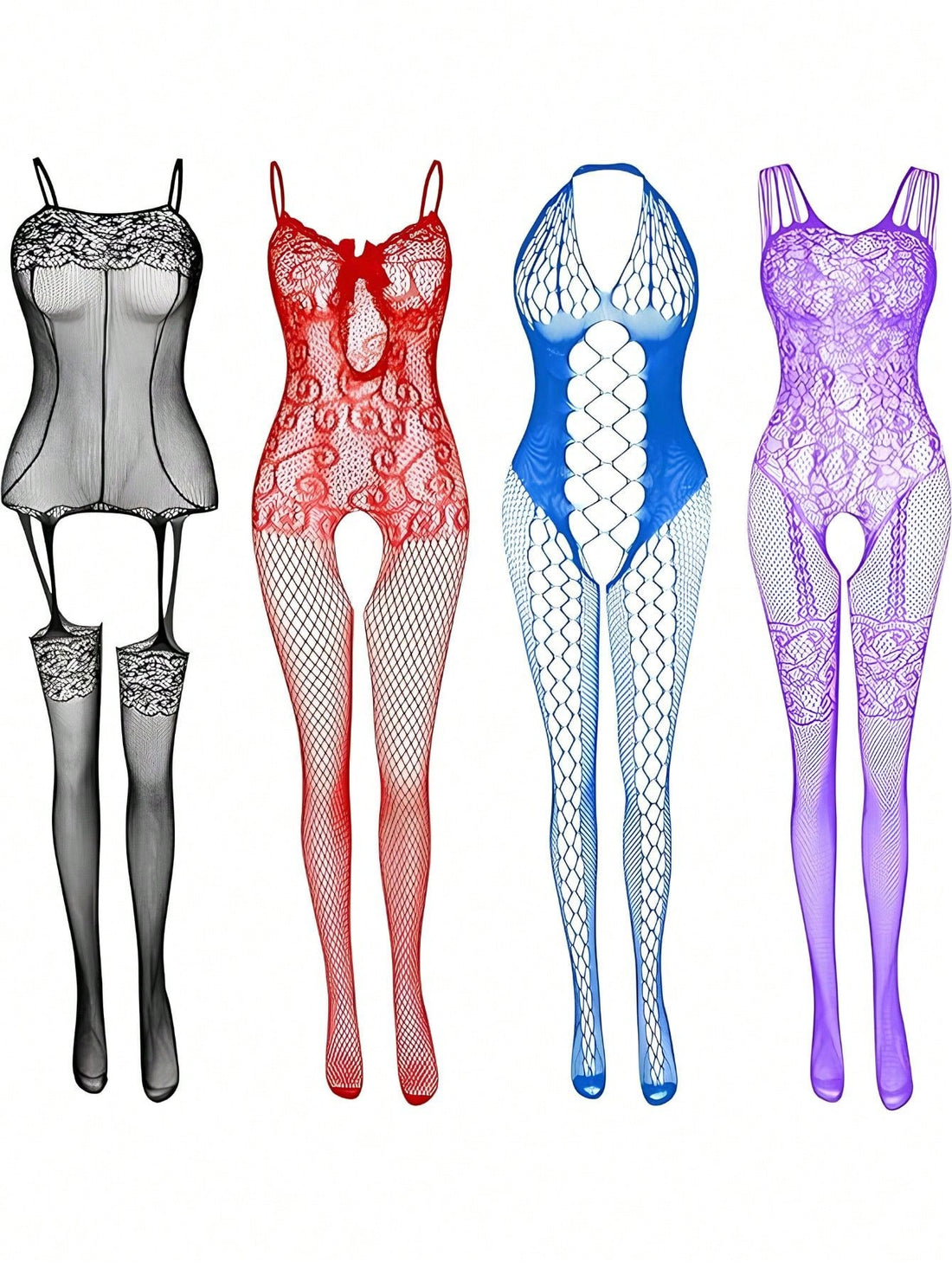 Black 4-piece women's fishnet lingerie teddy set featuring hollow-out lace design, backless spaghetti straps, and mid-rise brief bottom.