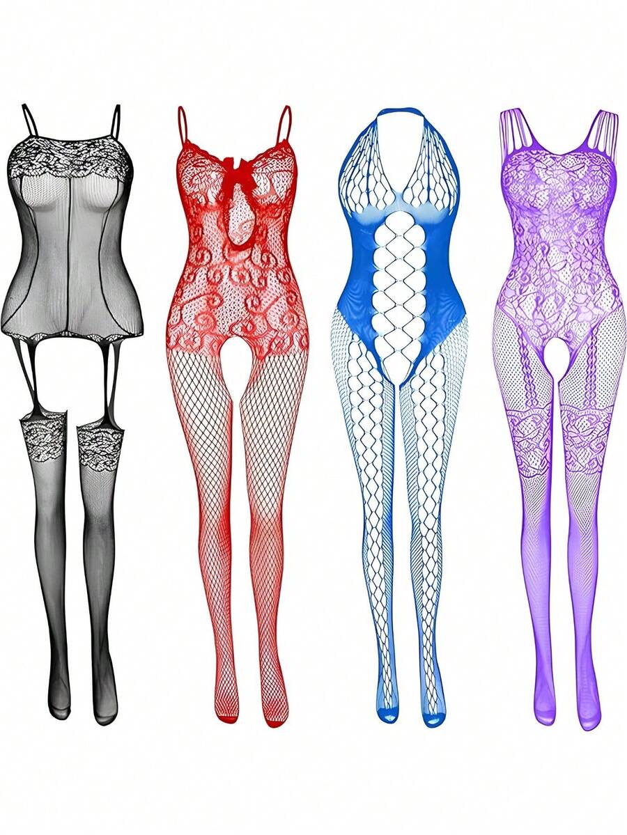 Black 4-piece women's fishnet lingerie teddy set featuring hollow-out lace design, backless spaghetti straps, and mid-rise brief bottom.