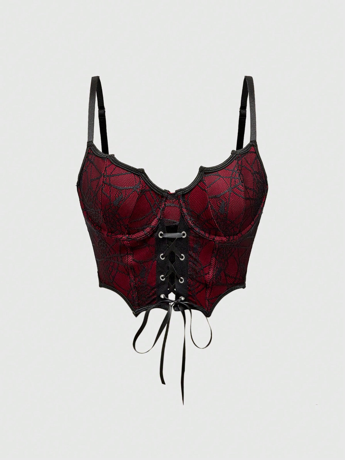 Women's black Goth bat edge corset crop top featuring underwire longline bra design, lace-up details, and adjustable spaghetti straps.