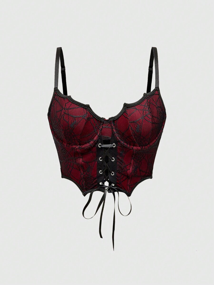 Women's black Goth bat edge corset crop top featuring underwire longline bra design, lace-up details, and adjustable spaghetti straps.