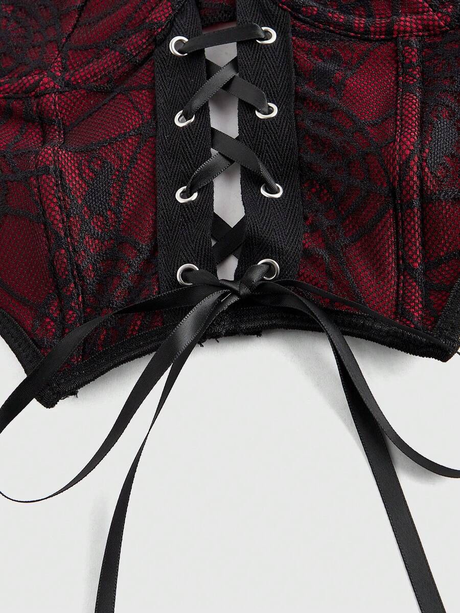 Women's black Goth bat edge corset crop top featuring underwire longline bra design, lace-up details, and adjustable spaghetti straps.