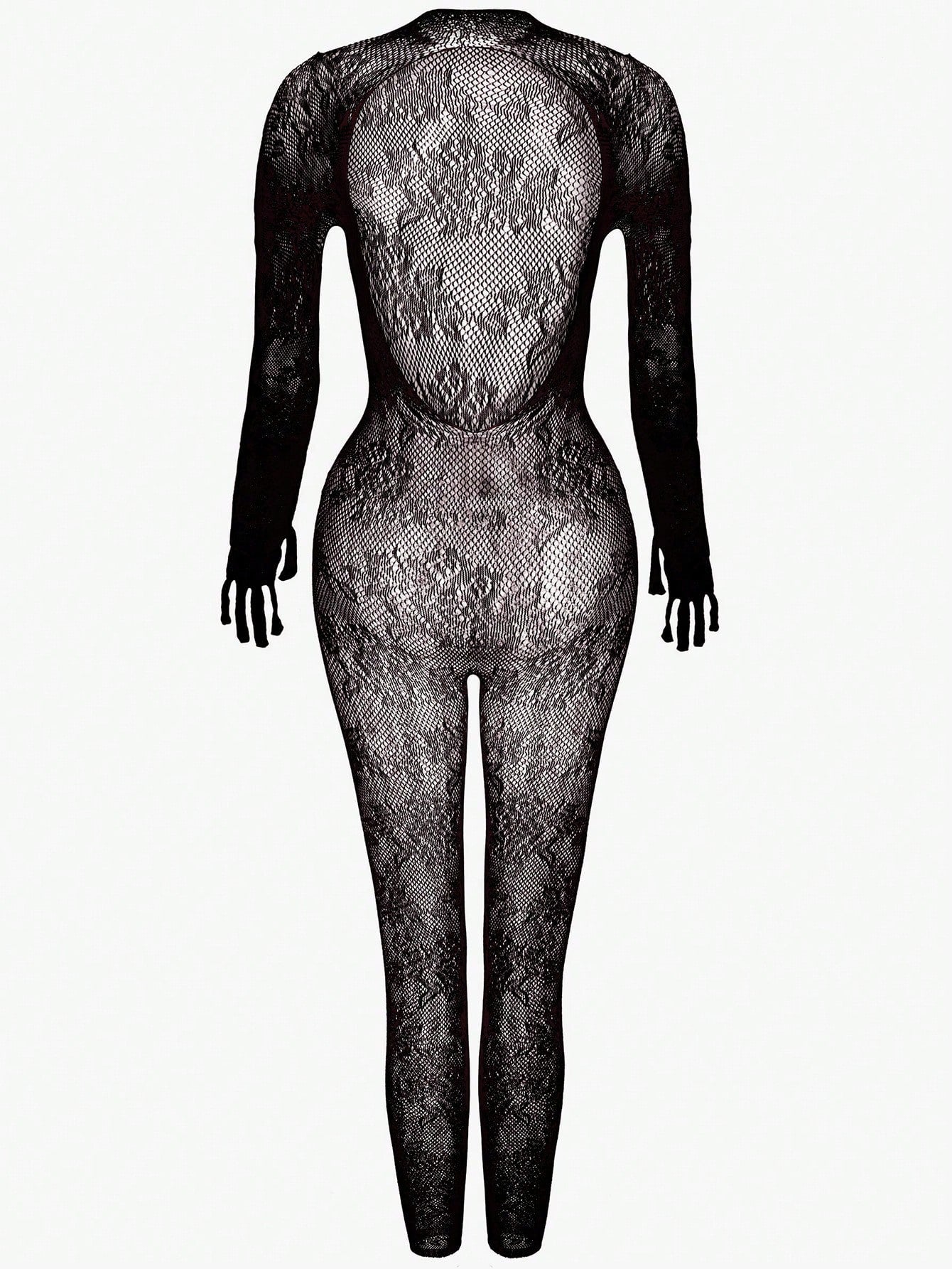 Women's sheer lingerie jumpsuit with contrast lace, cut-out details, long sleeves, stand collar, adjustable straps, and backless wireless design.
