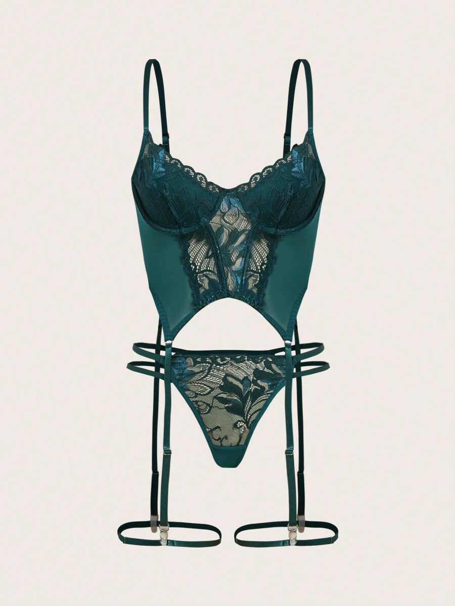 Women's black floral lace corset lingerie set featuring cut out details, underwire demi bra, adjustable straps, and matching thong.
