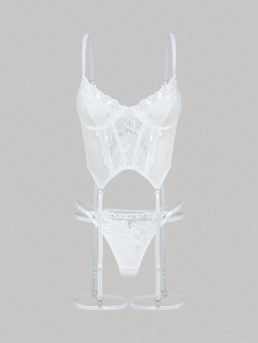 Women's black floral lace corset lingerie set featuring cut out details, underwire demi bra, adjustable straps, and matching thong.