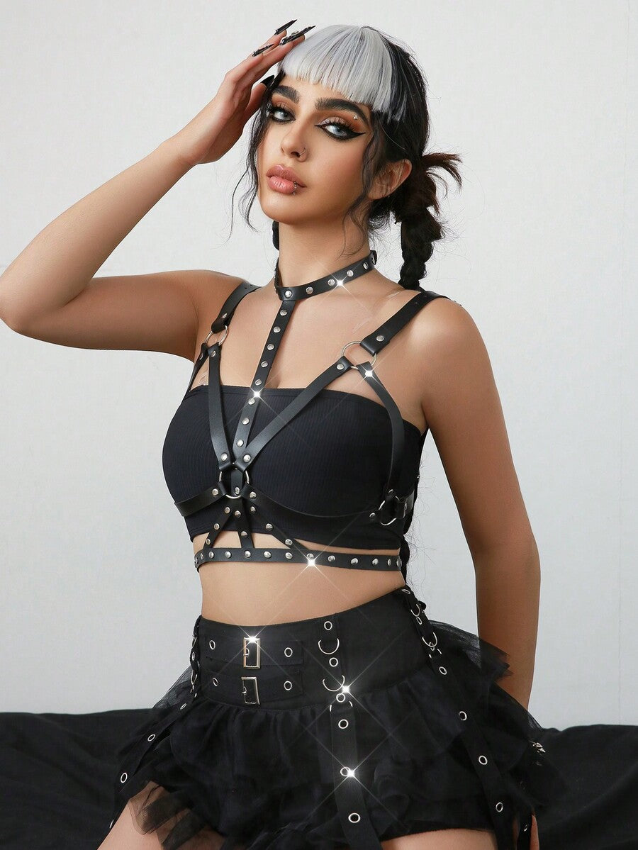 Black PVC leather Goth ring linked harness bra 2-piece set featuring cutout details and metal O-ring hardware.