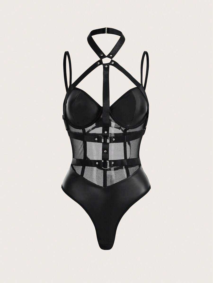Women's black contrast mesh underwire teddy bodysuit featuring ring linked details, adjustable spaghetti straps, full cups, and a high-rise thong cut.