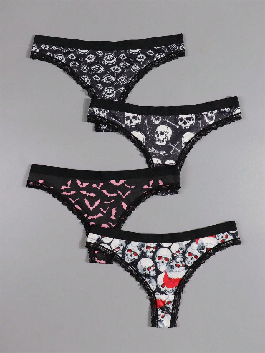 Four-piece women's gothic low rise thongs set with contrast lace trim and multicolor Halloween skull print.