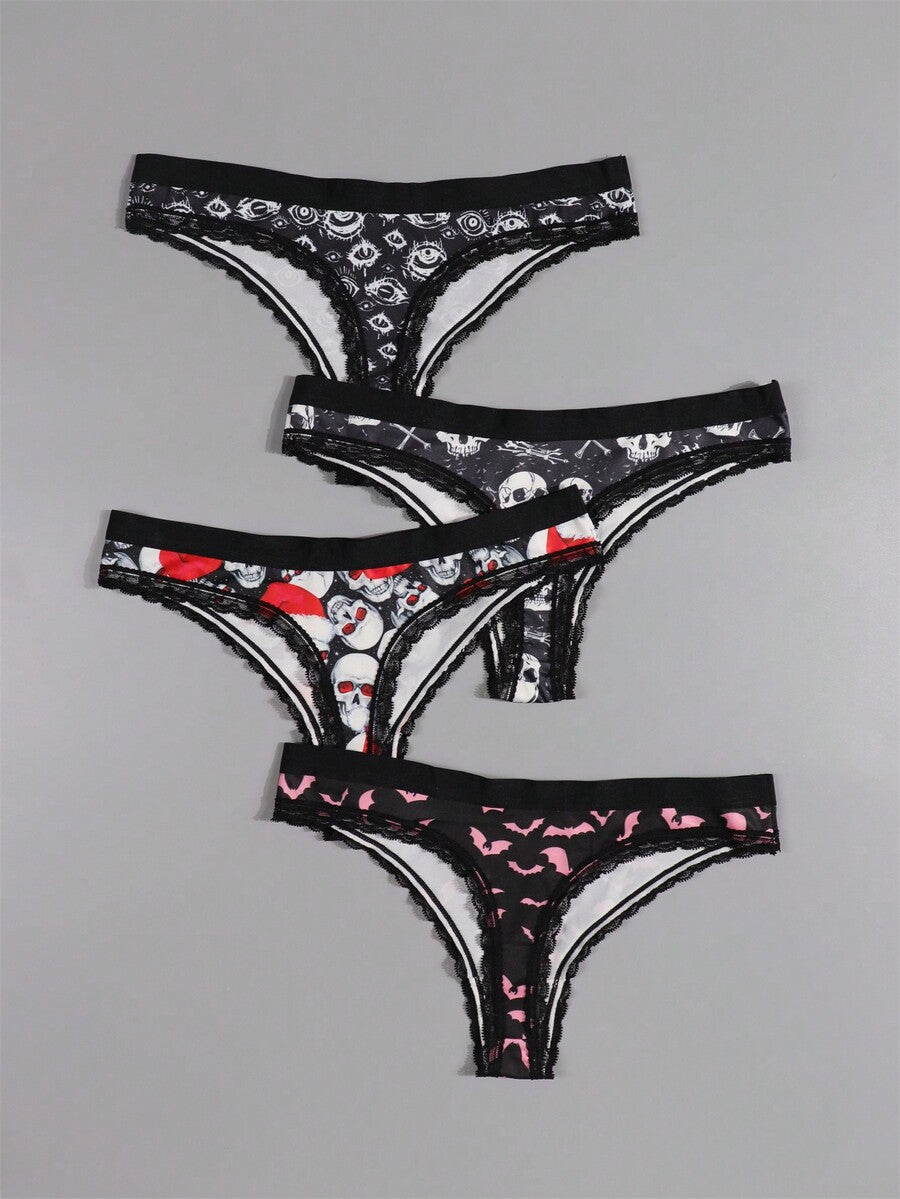 Four-piece women's gothic low rise thongs set with contrast lace trim and multicolor Halloween skull print.