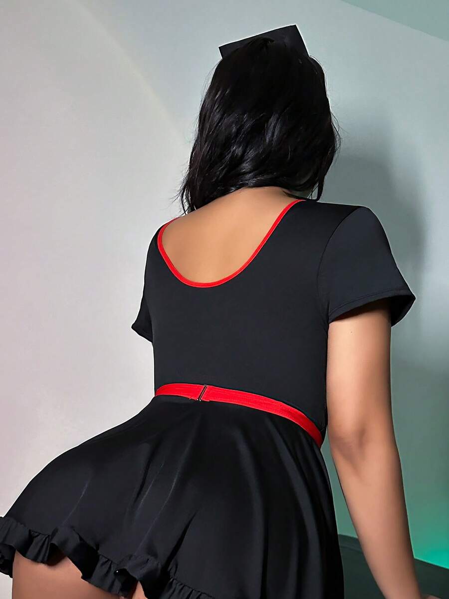 Front view of black nurse cosplay costume dress featuring a sweetheart neckline with frill details, short sleeves, adjustable straps, and a short skirt design.