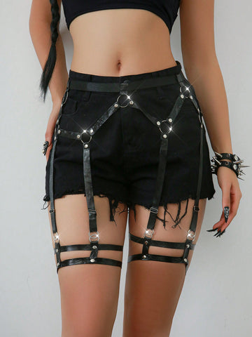 Women's black goth faux leather underwear garter with ring detail and cut-out design.